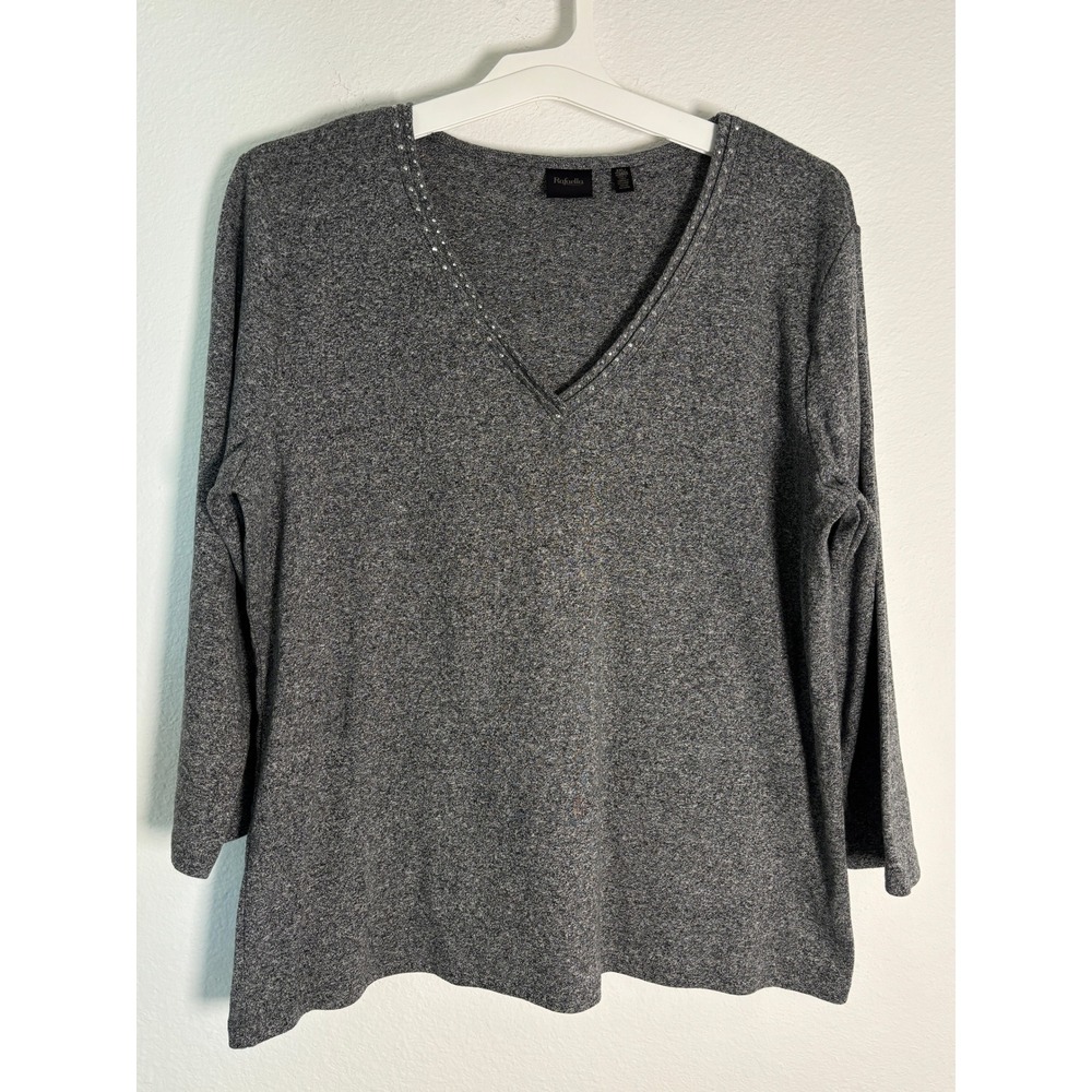 Rafaella Womens Gray Heathered V-Neck Studded Long Sleeve Knit‎ Top Size Large